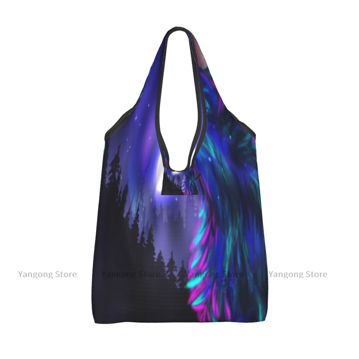 Folding Bag Northern Imagery Aurora Borealis Wolf Forest Starry Night Reusable Shoulder Handbag for Travel Grocery Pocket Tote