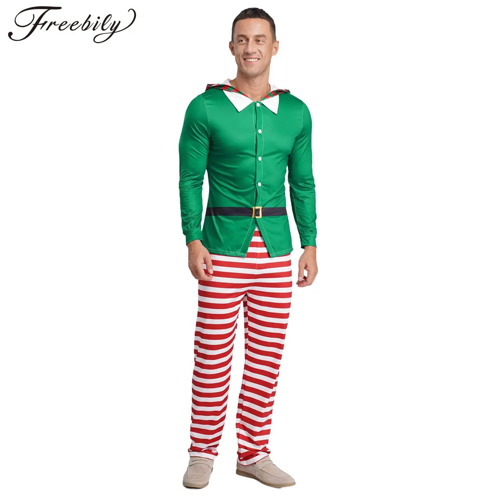 Pijamas de elfo de Navidad para hombre, disfraz de fiesta de Cosplay, Top con capucha de manga larga y pantalones a rayas, ropa de dormir para el hogar de Nochebuena y Año Nuevo