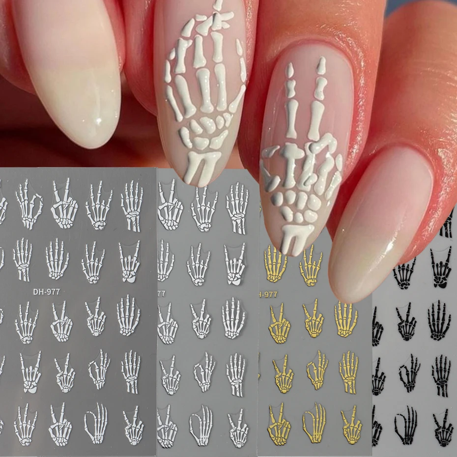 Halloween Skull Nail Art Stickers - Self-Adhesive 3D Nail Decals Cartoon Skull Hand Bone Patterns for Festive Nail Designs