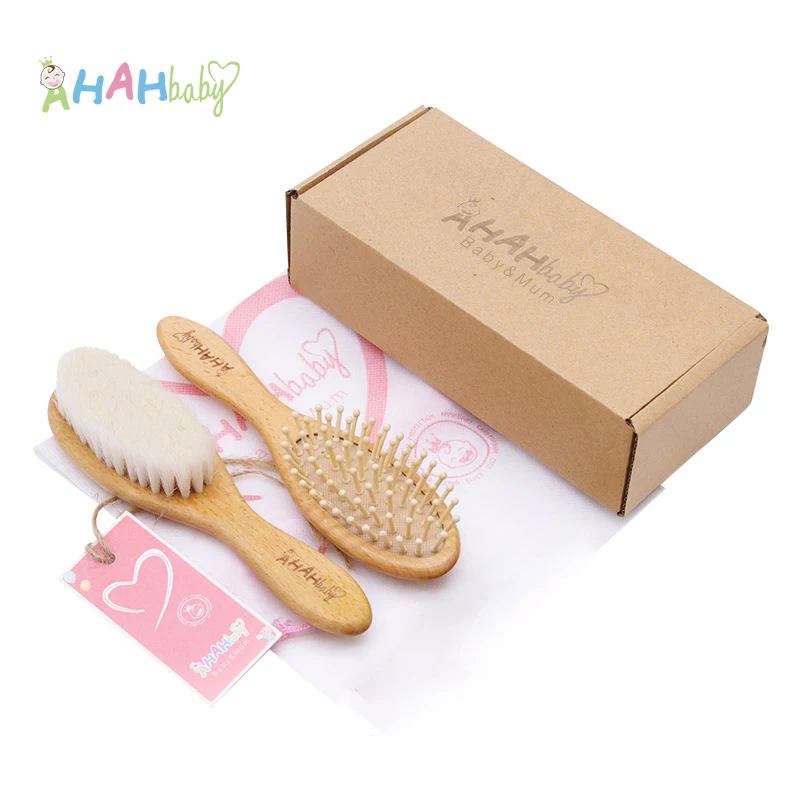 Brosse Bebe Personnalisé Brosse Baby Hair Brosse à cheveux pour nouveau-né, ensemble de 3 pièces, brosse en laine naturelle, masseur de tête