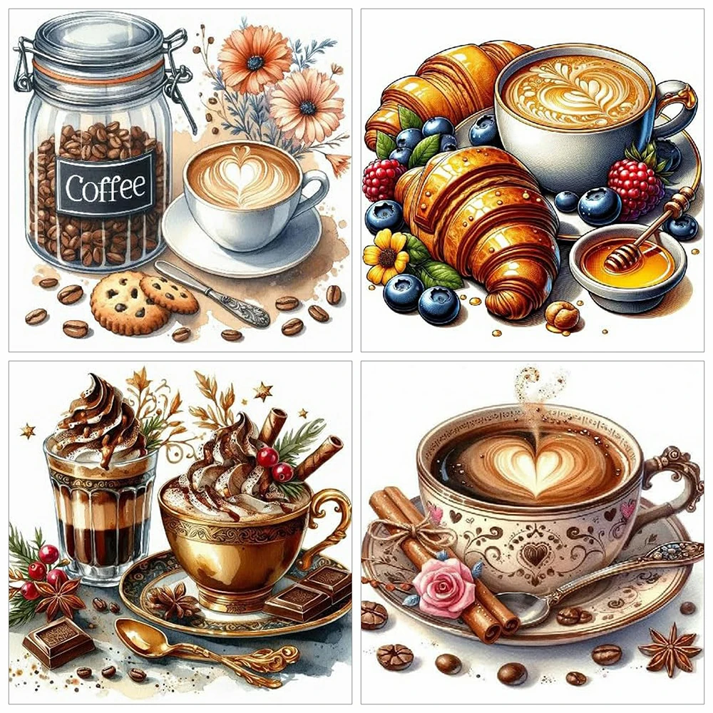 Evershine DIY 4 Stück Diamant-Mosaik, Kaffeetasse, Kuchen, rund, Diamant-Gemälde, Croissant-Bild, Strasssteine, Landschaft, einzigartiges Geschenk