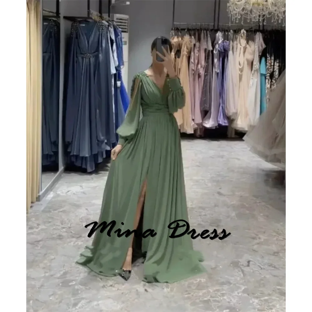 

Mina Customized Long Sleeve Evening Dresses Woman Elegant Luxury Evening Dress 2024 Flowers Slit V-neck Party Dress for Wedding