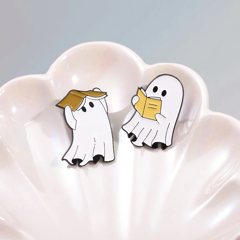 Ghost And Book Enamel Pins Custom Bookworm Boo Cute Funny Spooky Brooches Halloween Lapel Badge Bag Jewelry