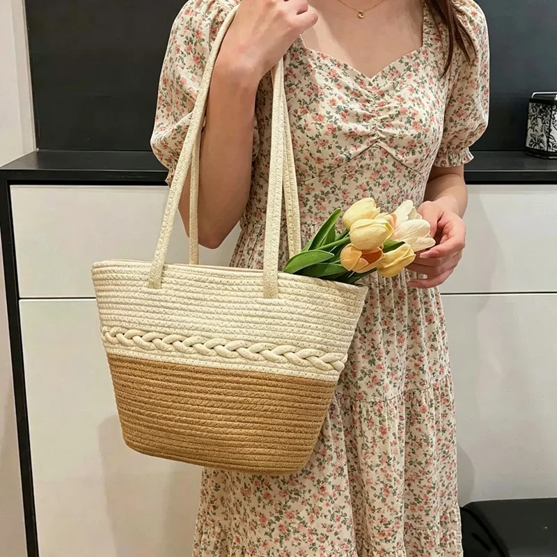 CLAREGQI   Color Block Braided Cotton Rope Tote Bag Twist Woven Detail Shoulder Handbag Large Capacity Casual Bag For Women Dail