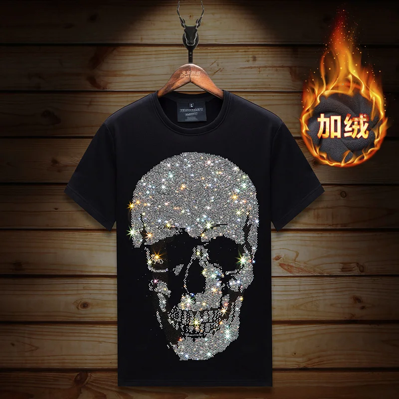 

Plus Size Rhinestones Skull T Shirts Men Winter Clothes Streetwear Short Sleeve O Neck Thick Velvet Heat Tshirts Camiseta Hombre