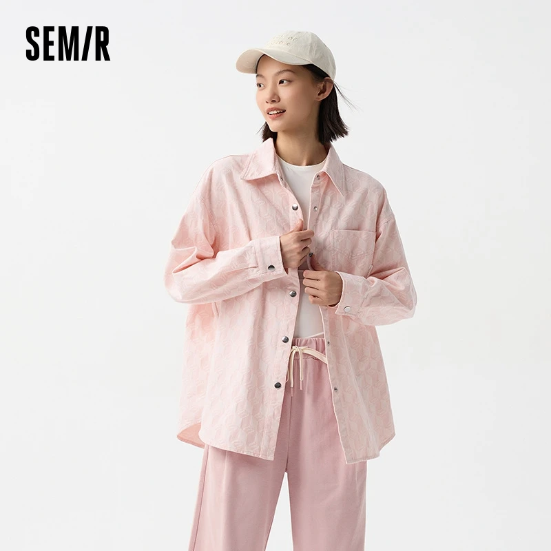 Semir Long Sleeve Shirt Women Mid-Length Loose 2024 New Spring Rhombus Jacquard Top Trendy