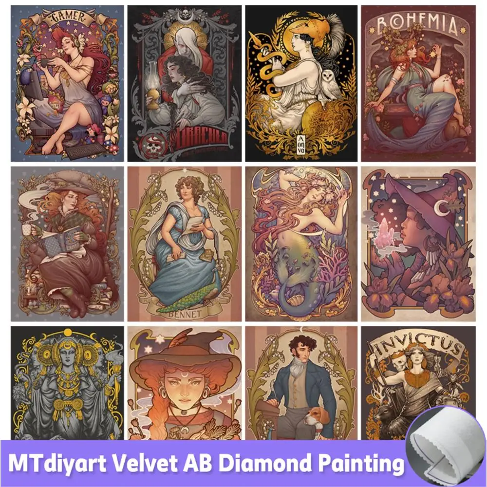 

AB Diamond Painting Nordic Abstract Girl Cartoon Mermaid Retro Art Nouveau Aesthetic Rhinestones New Arrivals Full Drill Decor
