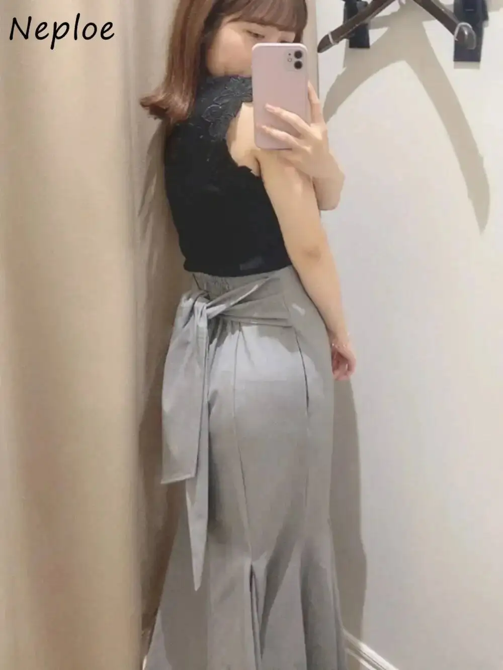 Syrena wysokiej talii solidna spódnica na co dzień średniej długości sznurowana na cały mecz Falda japońska marszczona obcisła Vintage Mujer Faldas