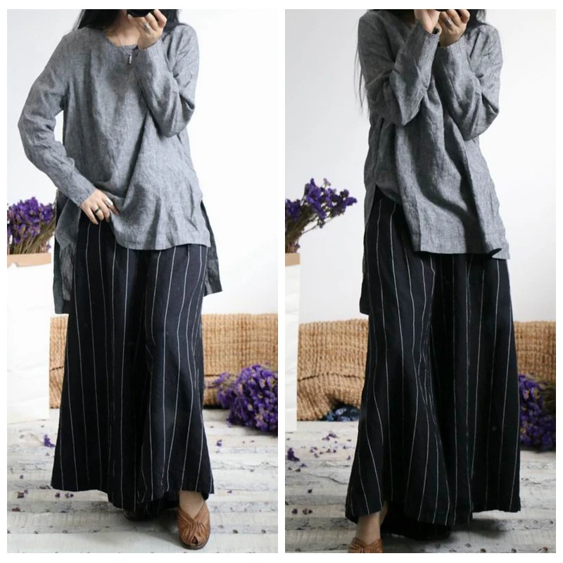 New 2025 Spring Summer Arts Style Women Elastic Waist Striped Cotton Linen Wide Leg Pants Vintage Loose Ankle-length Pants