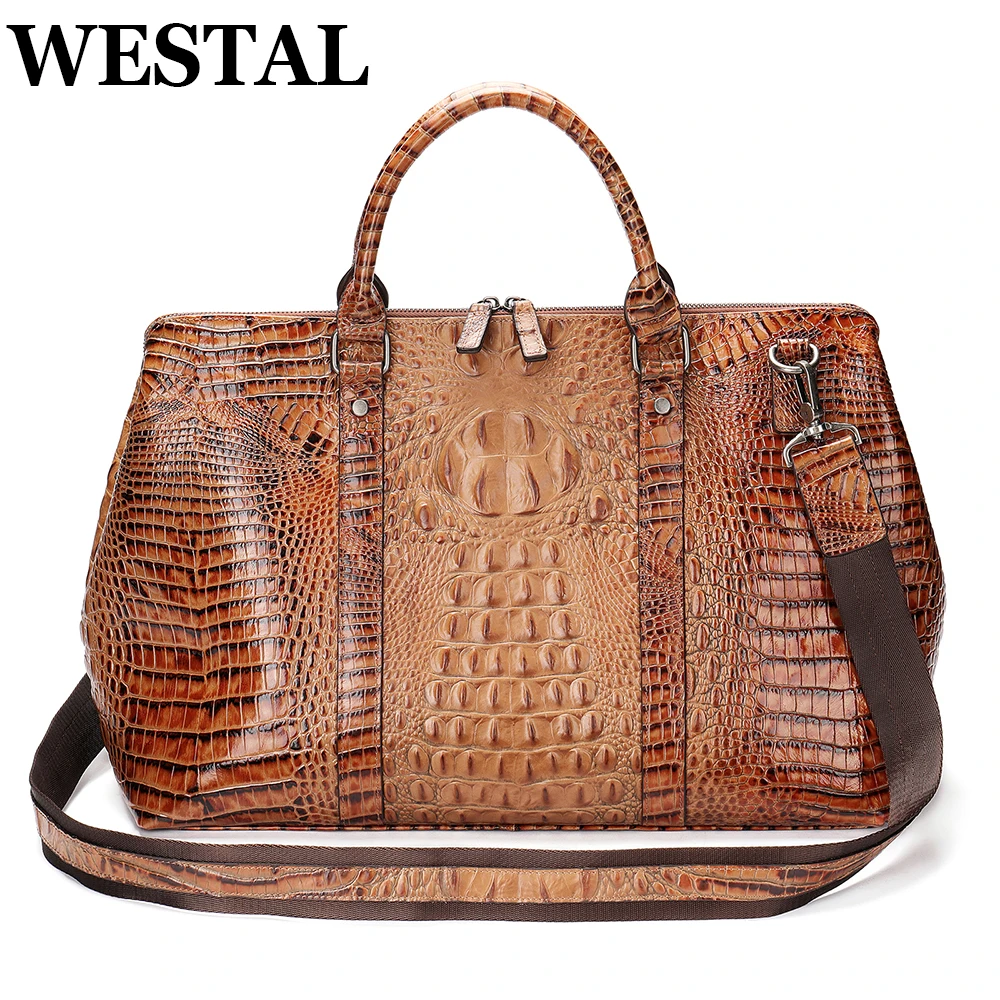 WESTAL Travel Bags Foldable Crocodile Skin Soft Cowhide Leather Business Weekend Duffel Bags Shoulder Bag Handbag Luggage Bag