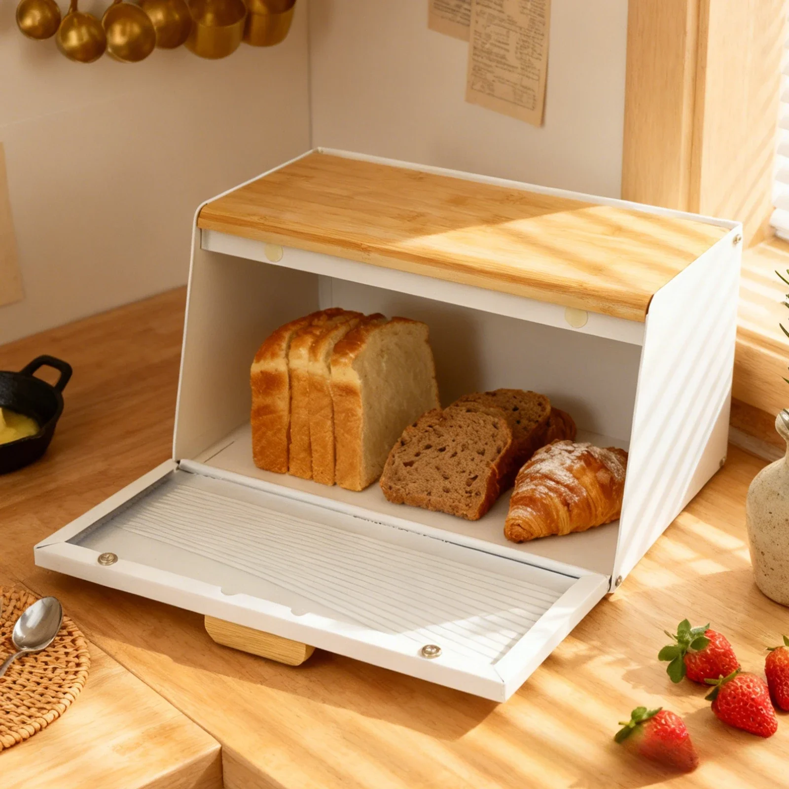 Vintage Metal Bread Box with Lid Kitchen Counter Storage Bin for Bread Coffee Pods Snacks Toys Toast Loaf Organizer 빈티지 브레드 박스