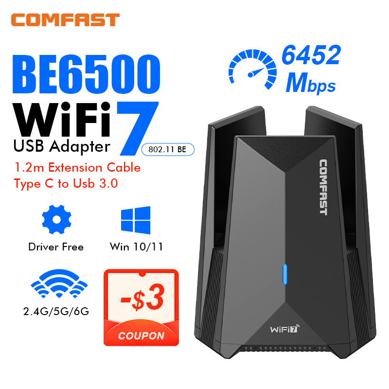 Comfast BE6500 Wifi 7 Usb Adapter 6Ghz/5G/2G Adaptador Wifi7 Cle USB3.0 Receiver Antena Para PC Network Card Free Drive Dongle