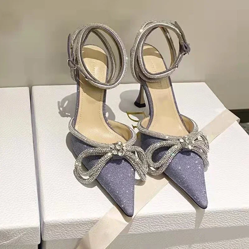 Double bow silk satin pumps glitter 9.5cm covered heels shoes ankle strap buckle bow crystal Pointed toe diamond sandal Mach