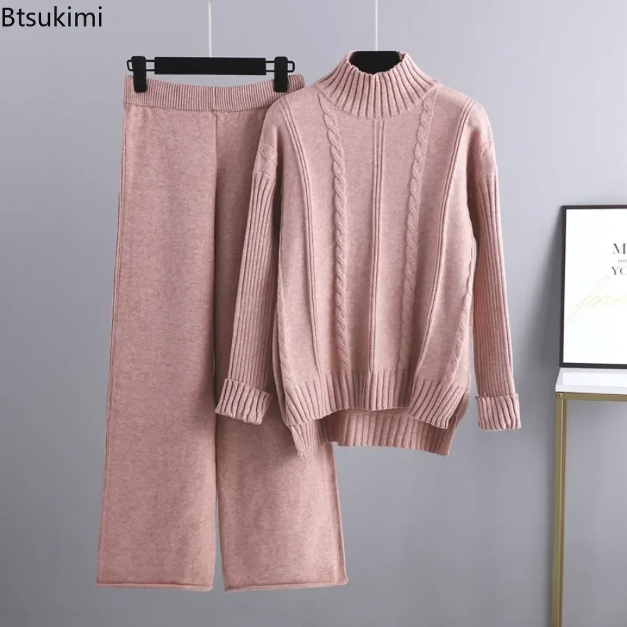 2024 Women's Winter Knitted Sets Tracksuit Two Piece Set Split Half Turtleneck Sweater and Wide Leg Pants 2 Piece Sets Outfits