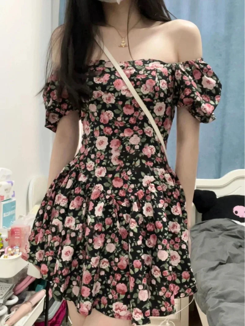 Preppy Wind Sweet Spicy Rose Fragmented Flower Dress For Women's Summer 2024 New French Puff Sleeve Short Skirt With Waist 6OA0