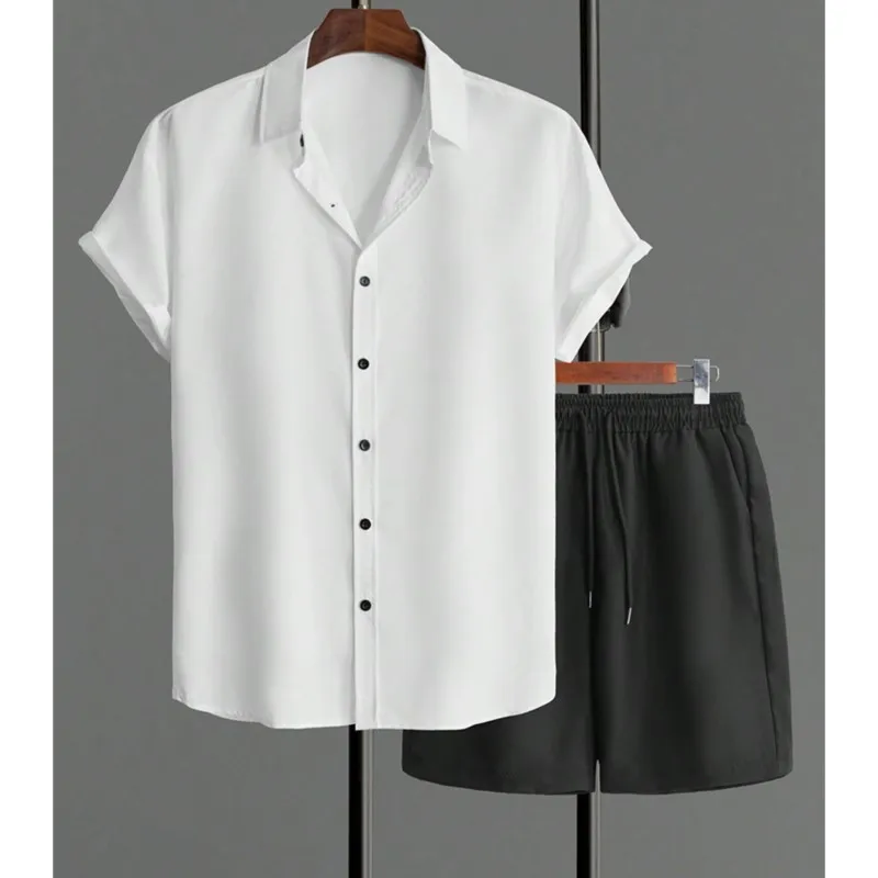 

Simple Solid Color Men's Hawaiian Shirt Summer Trend Short Sleeve Shorts 2 Piece Daily Casual Shorts Top Suit Fashion Oversized