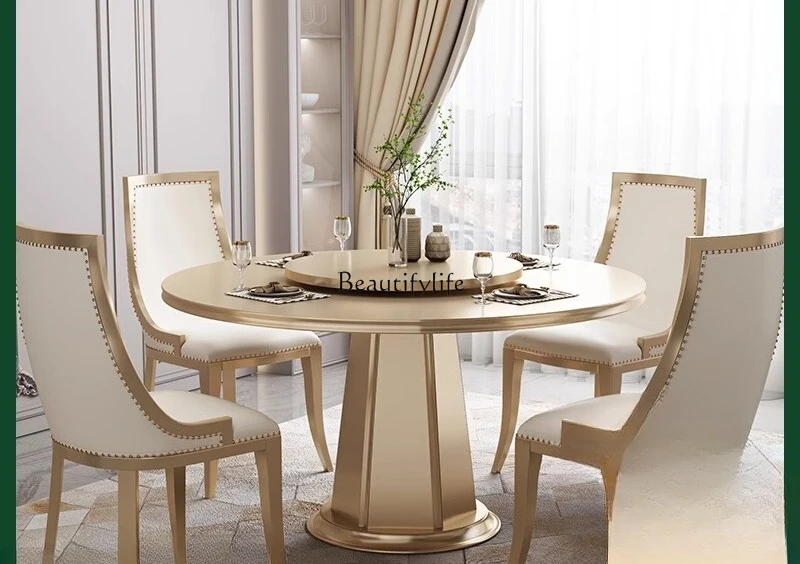American light luxury round solid wood with turntable dining table European luxury champagne gold