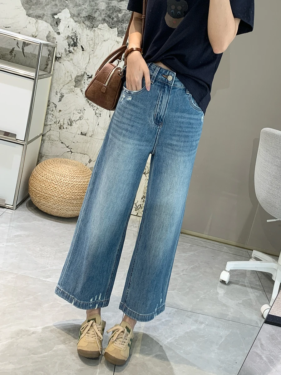 

Summer Cool Breeze Denim High Waist Straight Leg Wide Leg Pants Breathable Elastic Nine Points Thin Cotton Polyester Blend
