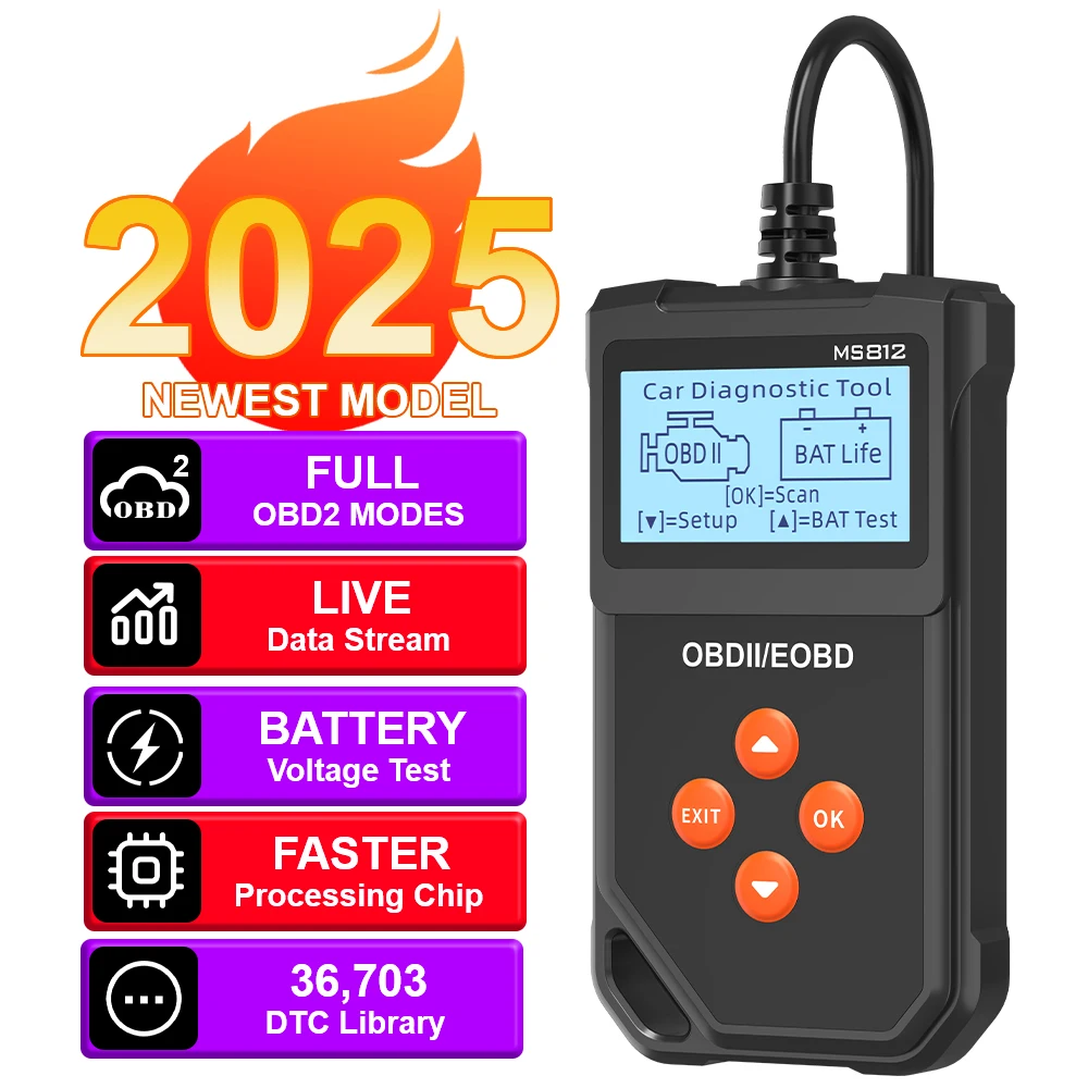 

Автомобильный считыватель кодов OBD2, тестер батареи, проверка кода неисправностей системы двигателя, очистка OBD II EOBD-сканер, автомобильные диагностические инструменты MS812