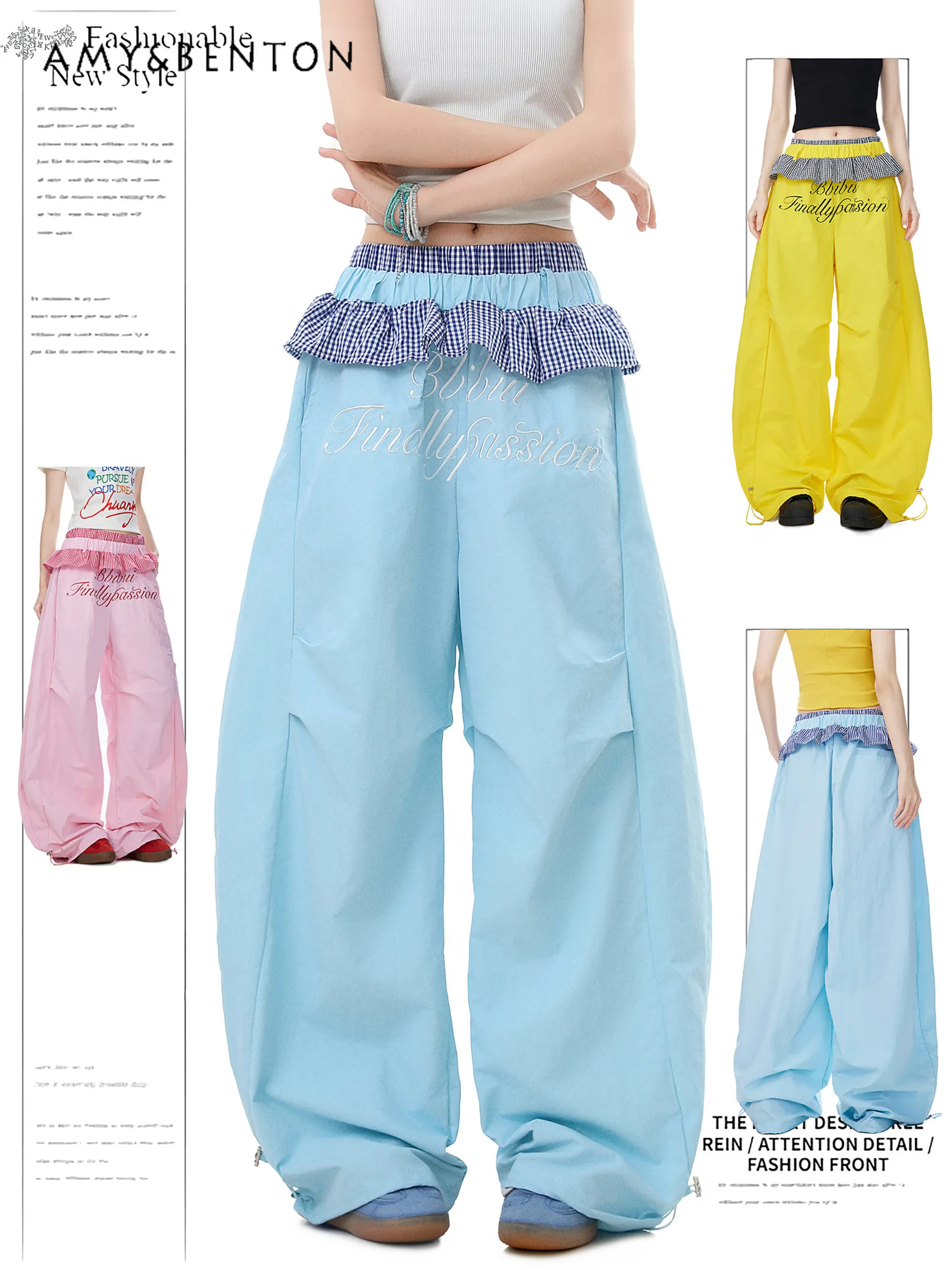 

2025 Summer New Dopamine Plaid Lace Wide-Leg Pants for Women American Retro Lightweight Quick-Dry Letter Embroidery Cargo Pants