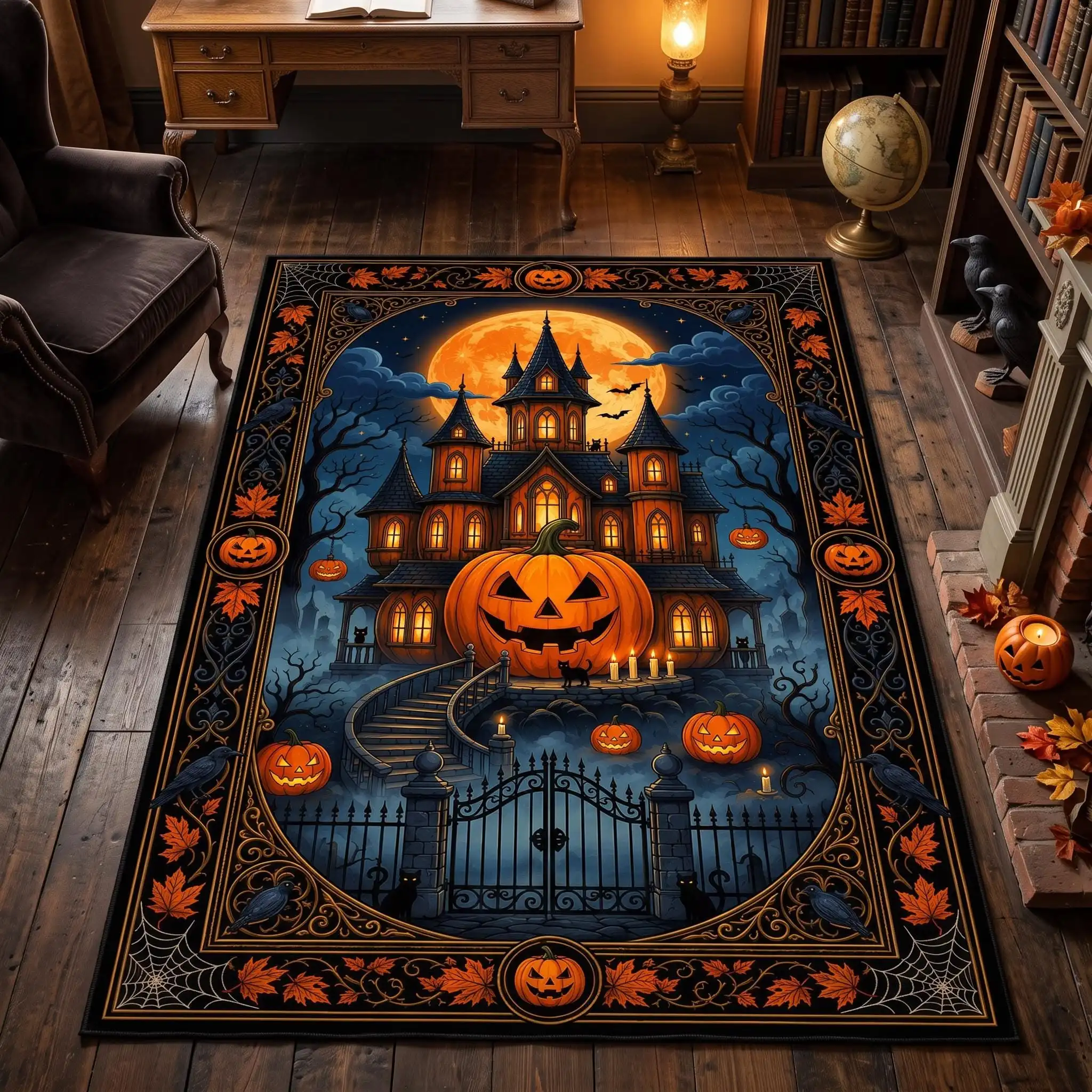 Living Room Rug Giant Pumpkin Haunted Mansion Printed Large Rectangular Carpet Full Moon for Armchair Study Desk Floor
