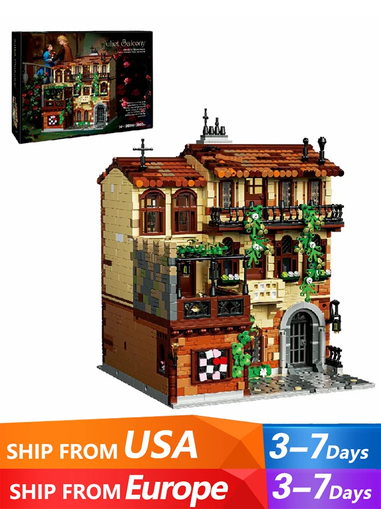 3800Teile Klemmbausteine Haus Juliet-Balkon Baukasten,Sammler Romantische Architektur Bausteine Set,Mittelalterliche Europäische Straßenansicht Hausmodell Bausatz Montage-Ziegelstein-Puzzle-Set für
