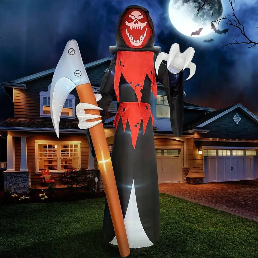 Joyfy 12 Ft Tall Giant Scary Halloween Inflatable Grim Reapers With Scythe, Blow Up Reaper With Build-In LEDs For Halloween Outd