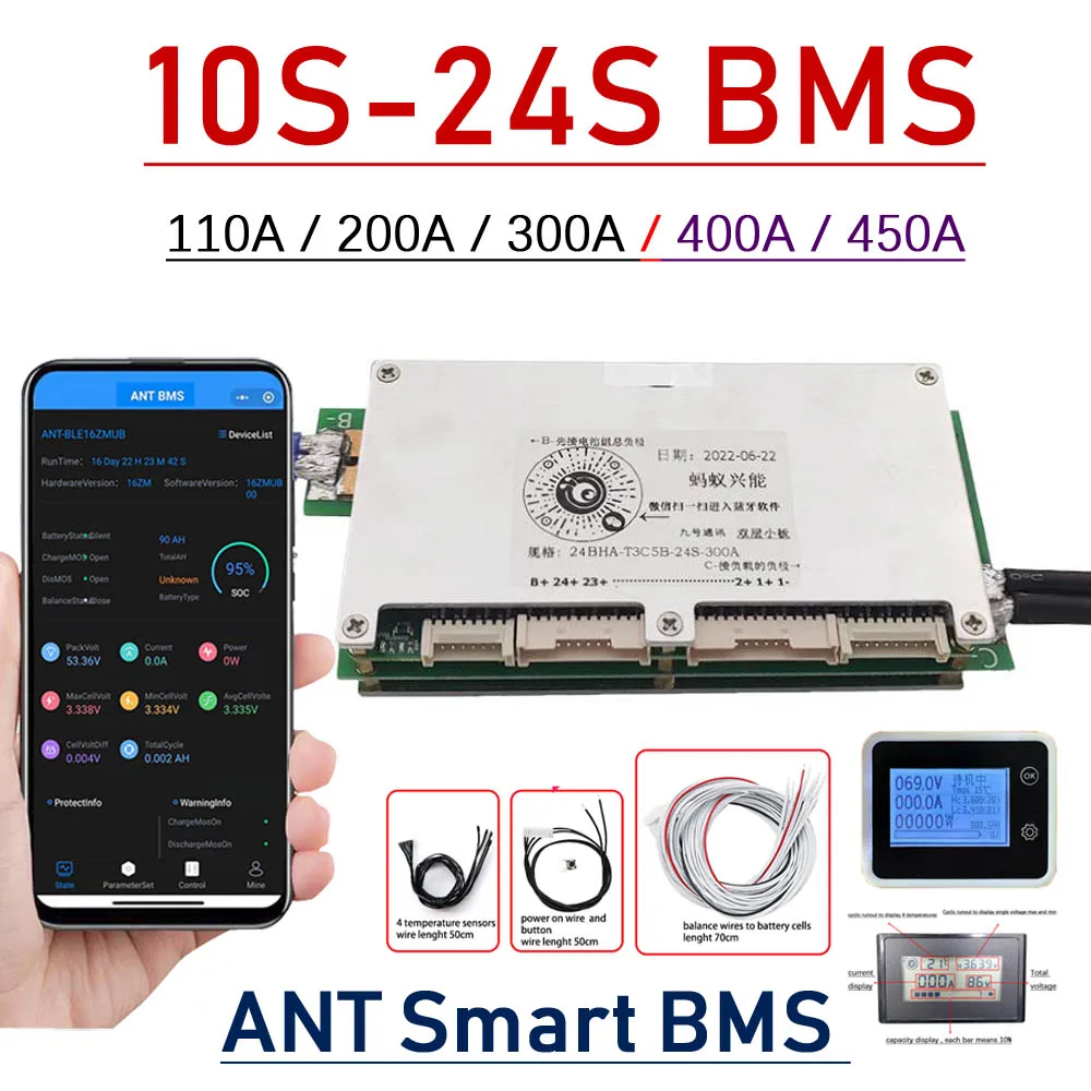 

Smart Bluetooth BMS 10S ~ 24S ANT BMS 200A 300A 400A 450A LiFePo4 Li-ion LTO Lithium Battery pack Protection Board 14S 16S 20S