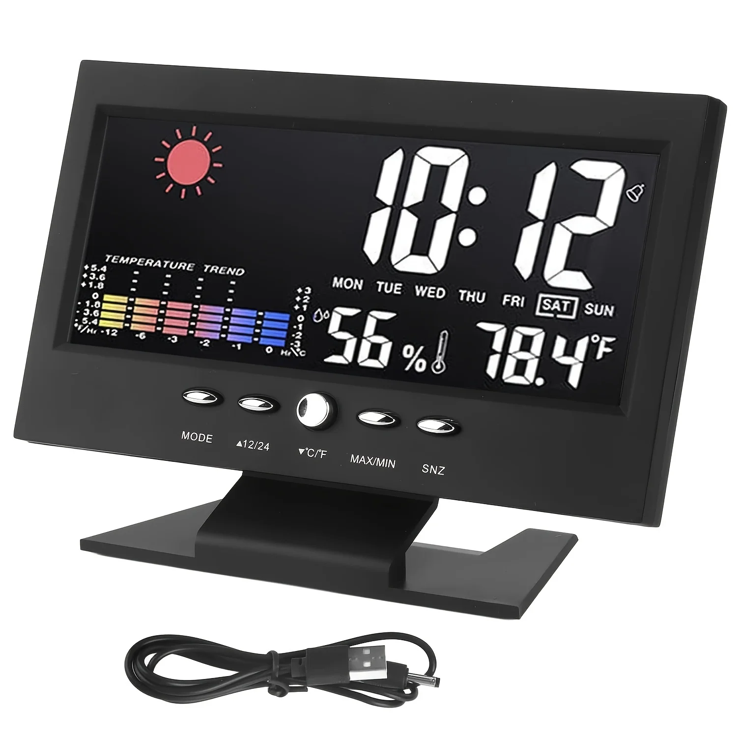 Digital Alarm Clock Desktop Clocks 12/24H Large Display Calendar Date Temperature Humidity Weather Forecast Table Clock Sound Ac