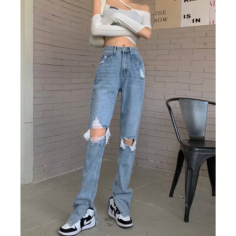 

Blue Jeans Women Vintage Worn-out Baggy Pants American Chic Streetwear Fashion Y2K Style Denim 2023 Summer NEW Wide Leg Trouser