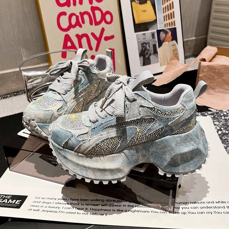 Women's Sneaker Crystal Platform High Heels Sport Shoes 2025 Autumn Luxury New Lace Up Running Hiking Shoes Casual Mujer Zapatos