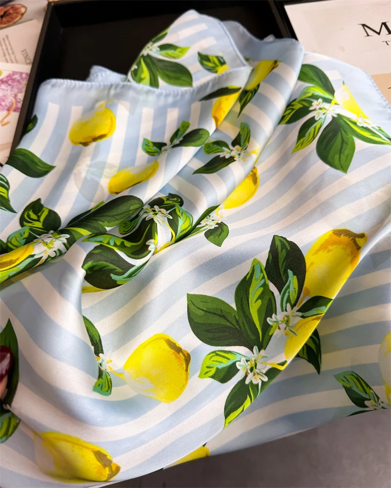 Neue modische bedruckte Seiden-Haarbänder, Sommer-Zitronenschal, elegantes Damen-Bandana, Halstuch, Kopfbänder, Foulard, Damenschals 2026 – Detail 8