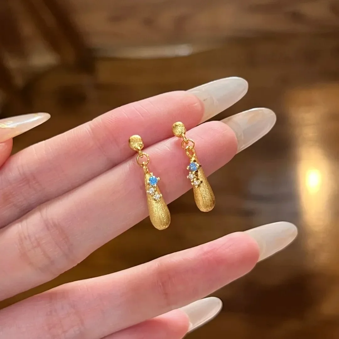 

Vintage antique gold craftsm brushed water droplet Blue gems earings stud palace style exquisite earrings for women jewelry