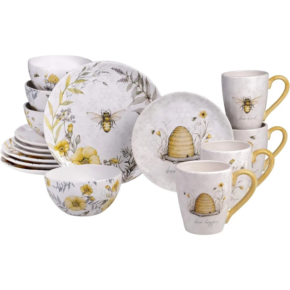 

Farmhouse-Style Bee and Flower 16-Piece Ceramic Dinnerware Set for 4, Including 4 Dinner and 4 Salad Plates