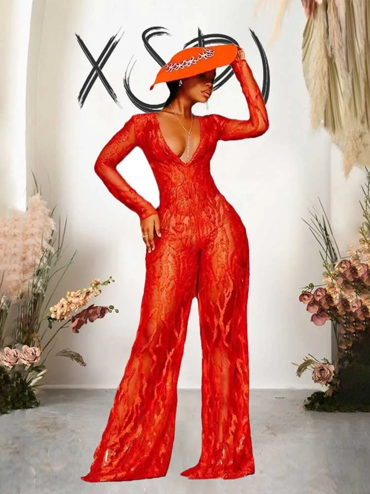 Womens Red Celebrity Jumpsuit Party Deep V Neck Sexy One Piece Birthday Outfit Skinny Sequins Elegant Jumpsuits with Sleeves