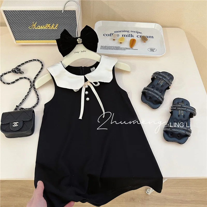 Summer Korean 2024 Baby Girls Sundress Cotton Sleevelss Knotbow Pearl Kids Girls Dress Peter Pan Collar Children Girl Dress