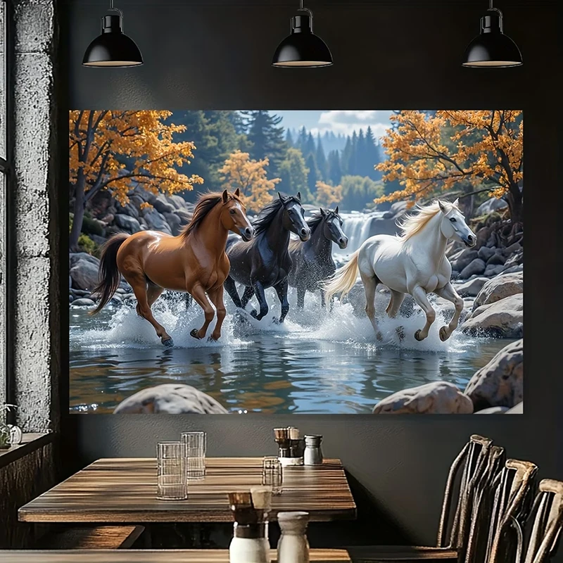 1PC Horses Running River Art Print Backdrop Banner, Bedroom Living Room Photo Background, Polyester, Home Decor, Wall Art