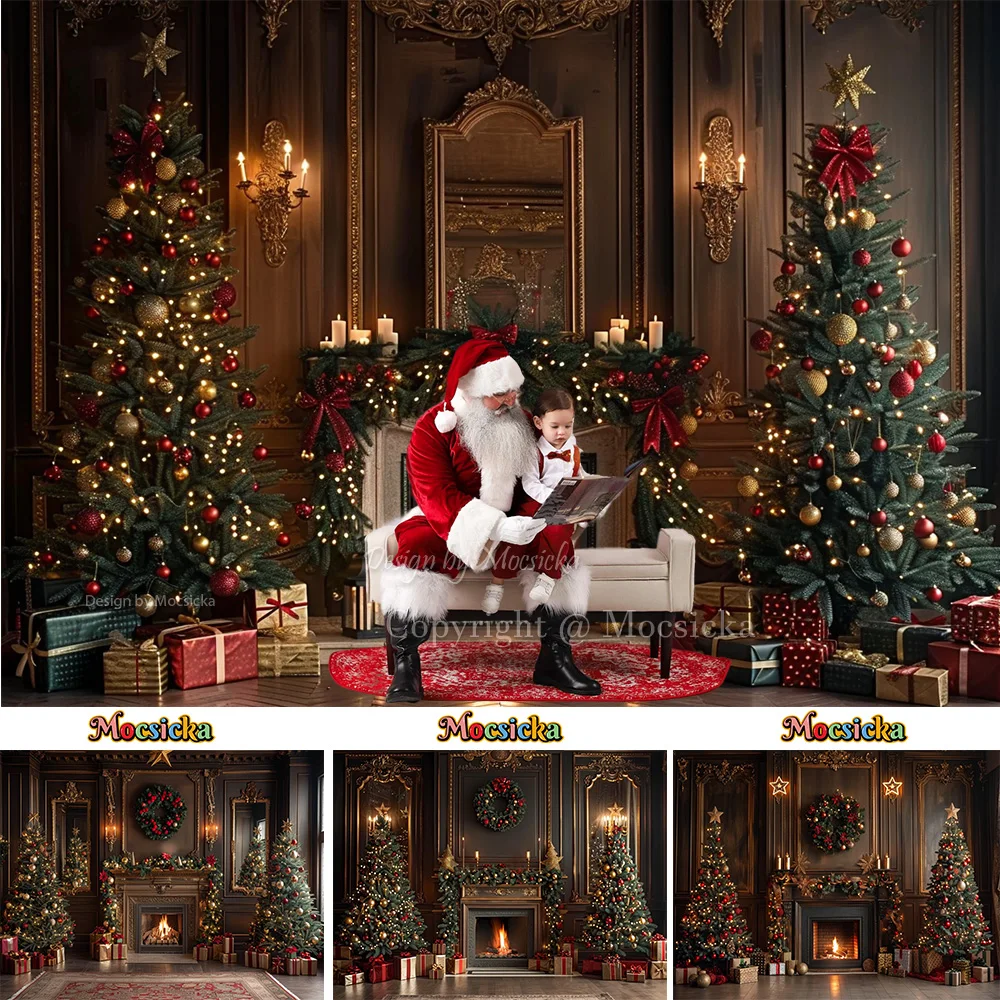 Christmas Room Photography Background Retro Fireplace Garland Xmas Tree Backdrop Winter Kids Holiday Gift Photobooth Studio Prop