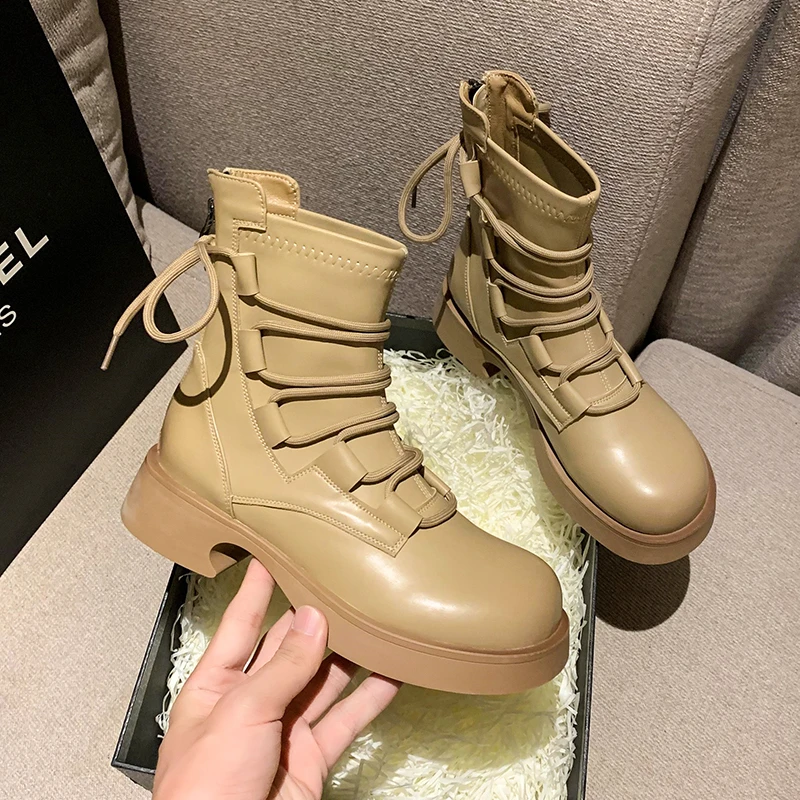 Women's Rock Lolita Ankle Boots 2024 Autumn Winter Round Toe Rubber Flat Heel High Heel Lace Up Mid Calf Doc Martens Style