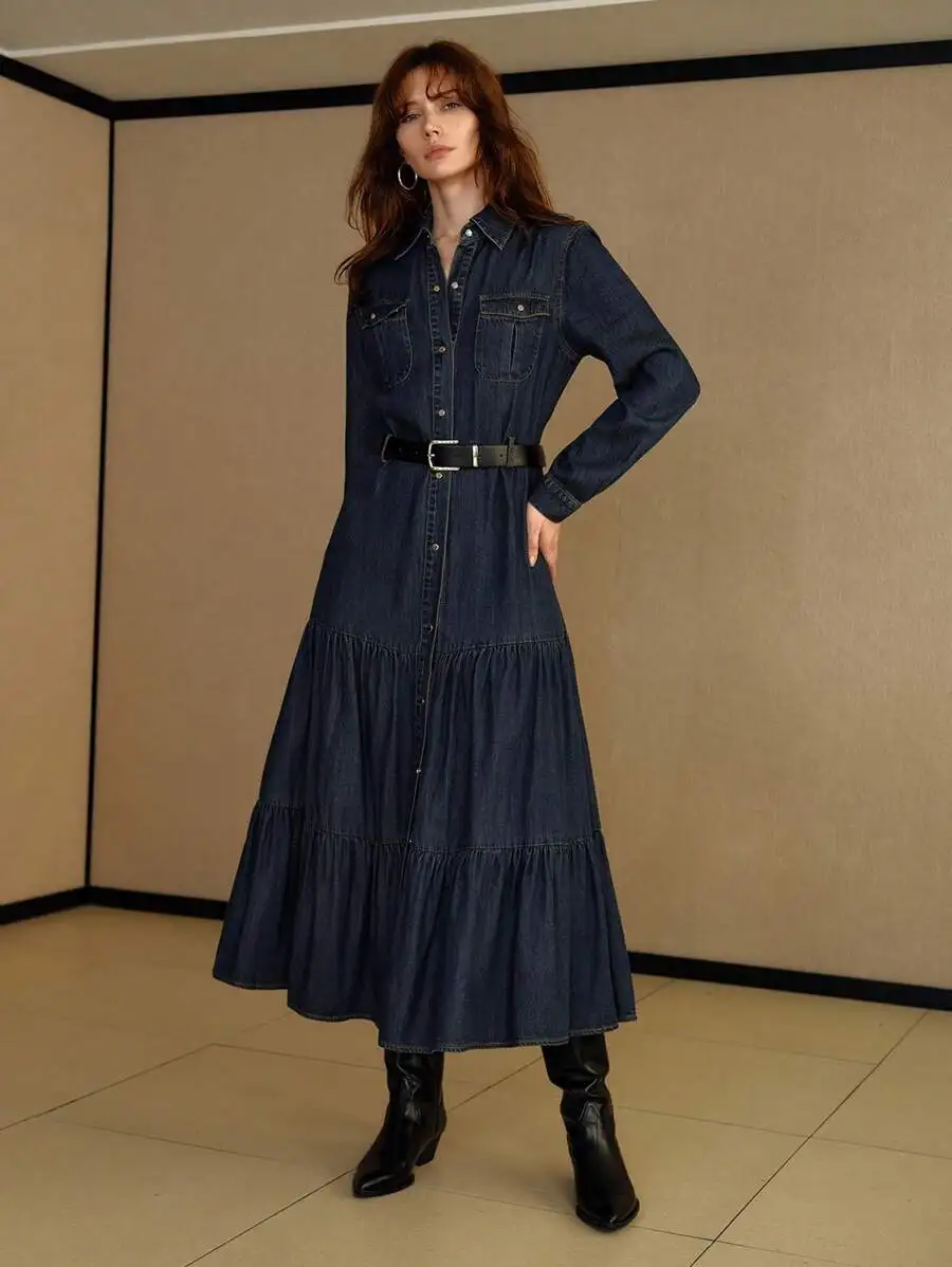 

Belted Ruffle Hem Denim Shirt Dress For Women