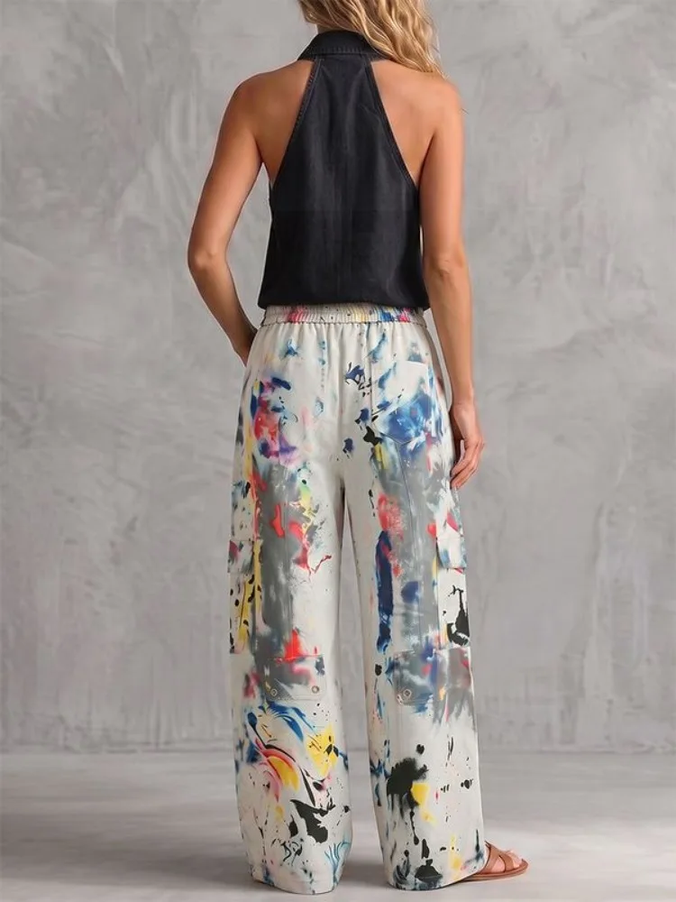 UOOZEE 2026 Trendy Women Contrast Color Printed Wide Leg Pants Loose High Waist Multi Pocket Streetwear Casual Trousers Bottoms