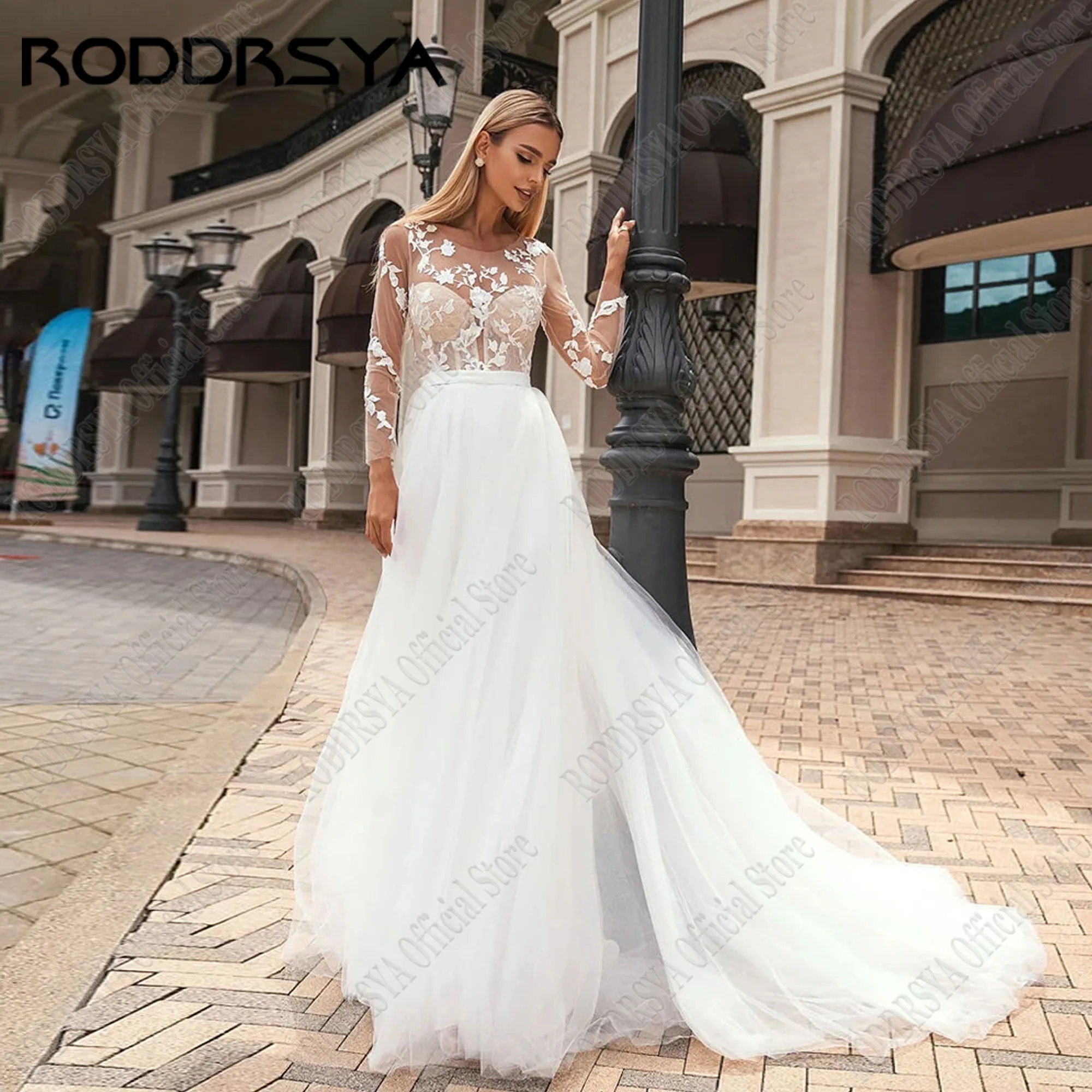 RODDRSYA A-Line Tulle Wedding Dress 2024 Bride Corset Back Bridal Gowns Civil Robe De Mariée Long Sleeves Applique Lace Up