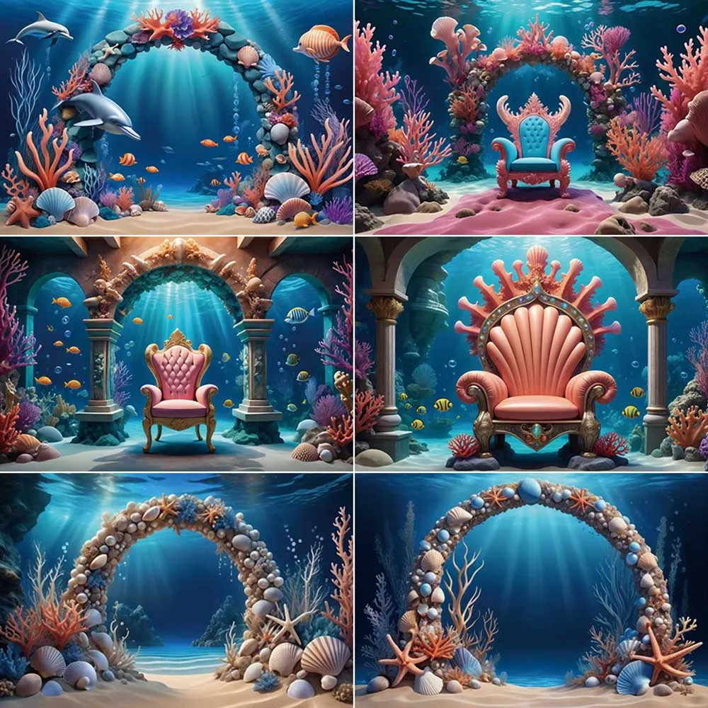 

MOON.QG Birthday Party Underwater World Background Photography Seaweed Fish Coral Photozone Backdrop Baby Studio Photocall Props