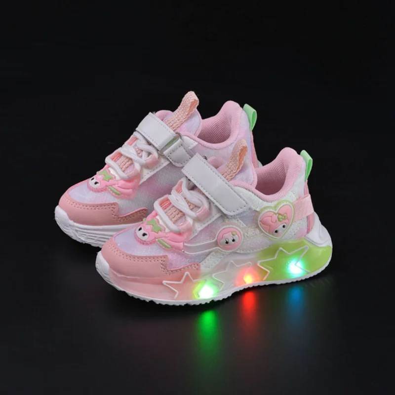 Cartoon Kuromi Girls LED Light Sports Shoes 2024 New Children\'s Anti Slip Soft Sole Cute Casual Shoes Kids Luminous Shoes