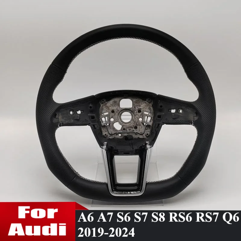 

Full Leather Steering Wheel For Audi RS6 RS7 A6 A7 S6 S7 S8 2019-2024 Perforated Leather Car Steering Wheel D-shaped Flat-Bottom