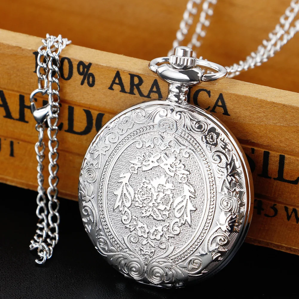 Quartz Pocket Watch para homens, Luxo Dial Prata, algarismos romanos, Retro FOB Cadeia Relógios