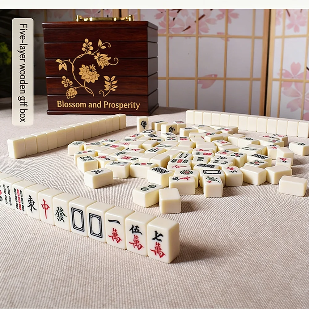

Mini Portable Ivory Mahjong Set with Elegant Wooden Box, Traditional Chinese Mahjong Game Perfect for Travel Home Entertainment