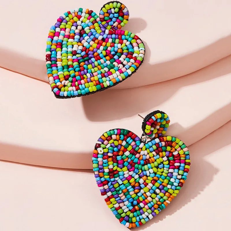 European and American Creative Ethnic Style Earrings Female Colored Heart-shaped Earrings Bohemian Handmade Bead Earrings