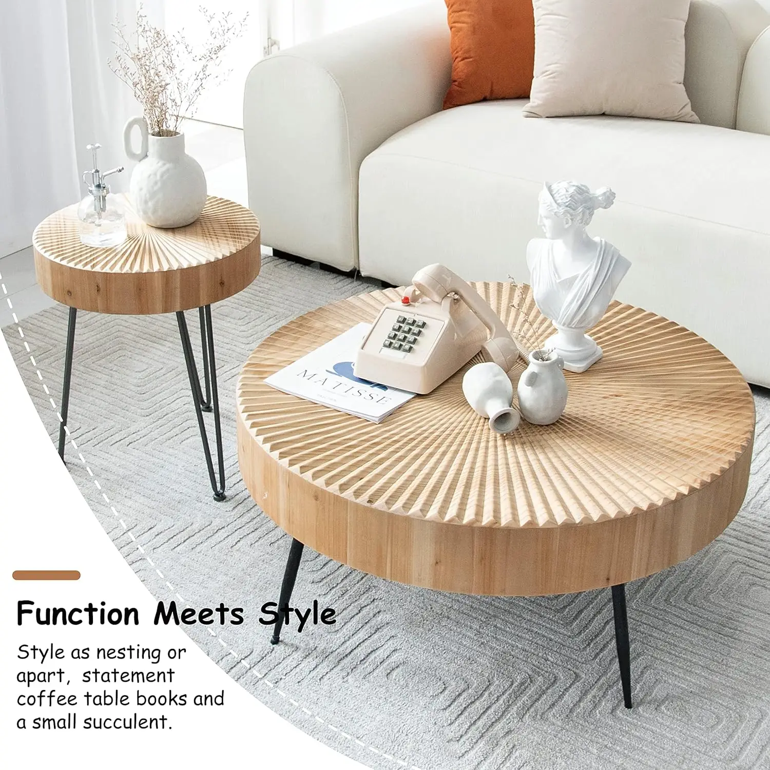 Farmhouse Living Room Coffee Table Set, Nesting Table Round Natural Finish with Handcrafted Wood Radial Pattern