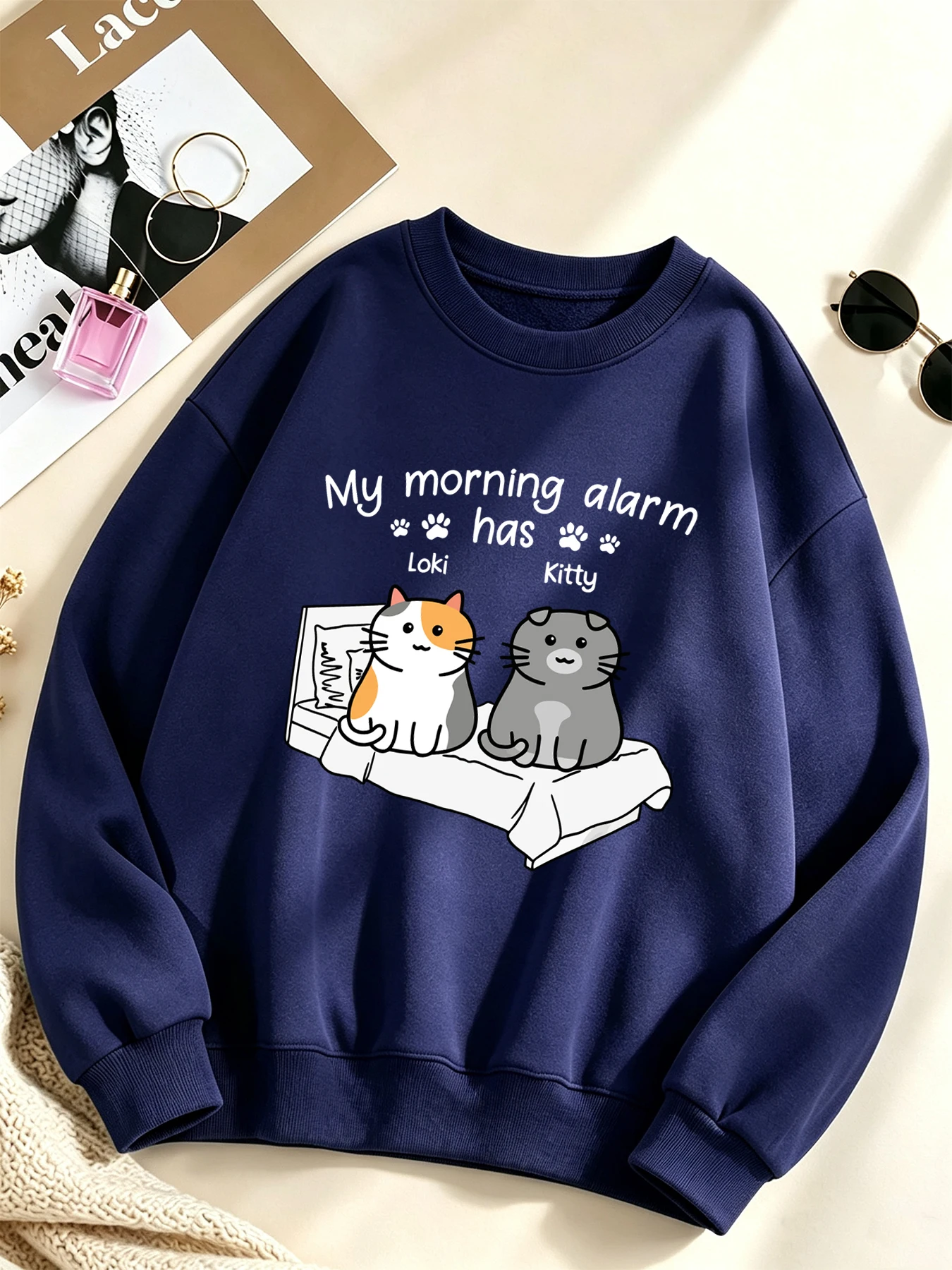 My Morning Alarm Cats Bedrucktes Damen-Sportswear-Sweatshirt mit lockerem Rundhalsausschnitt, koreanischer Pullover aus Fleece, Herbstkleidung